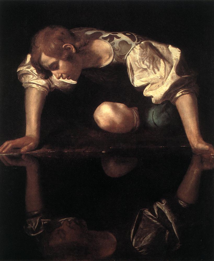 카라바조, Narcissus. Public domain reproduction via Wikimedia Commons; museum source: Galleria Nazionale d'Arte Antica / Barberini Corsini.
